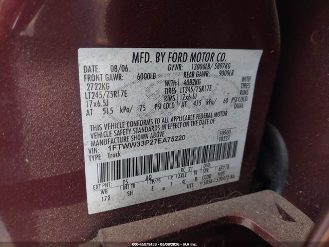 Продажа на аукционе авто 2007 Ford F-350 Lariat/xl/xlt, vin: 1FTWW33P27EA75220, номер лота: 45079438