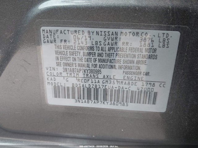 2019 Nissan Sentra Sv მანქანა იყიდება აუქციონზე, vin: 3N1AB7AP7KY380985, აუქციონის ნომერი: 45079439