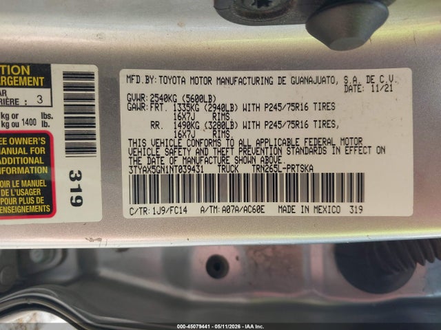 Aukcja sprzedaży 2022 Toyota Tacoma Sr5, vin: 3TYAX5GN1NT039431, numer aukcji: 45079441