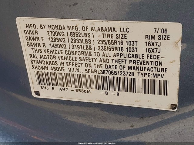 Aukcja sprzedaży 2006 Honda Odyssey Ex-l, vin: 5FNRL38706B123728, numer aukcji: 45079460