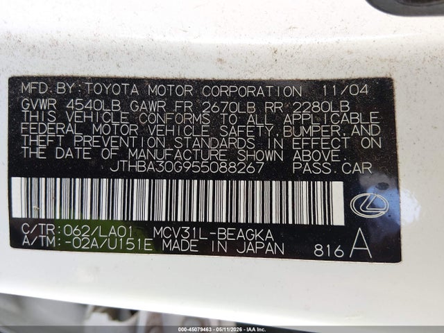 Продаж на аукціоні авто 2005 Lexus Es 330, vin: JTHBA30G955088267, номер лоту: 45079463