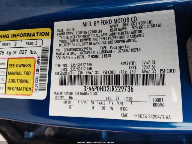 45079469 :رقم المزاد ، 3FA6P0HD2JR229736 vin ، 2018 Ford Fusion Se مزاد بيع