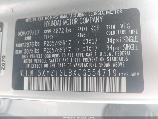45079470 :رقم المزاد ، 5XYZT3LBXJG554719 vin ، 2018 Hyundai Santa Fe Sport 2.4l مزاد بيع