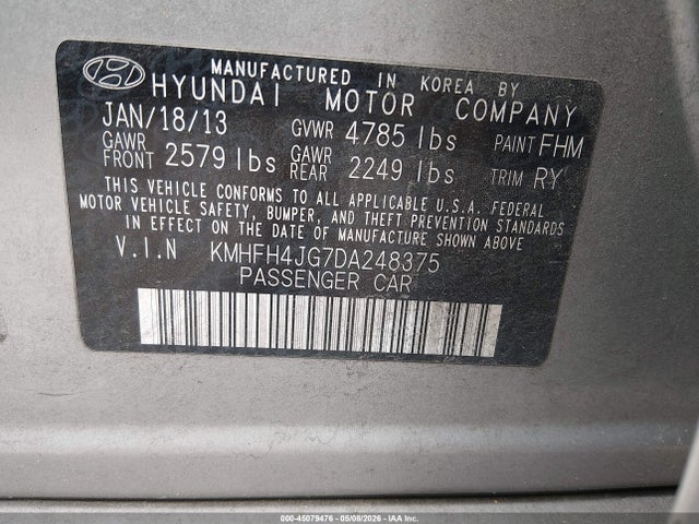 45079476 :رقم المزاد ، KMHFH4JG7DA248375 vin ، 2013 Hyundai Azera مزاد بيع
