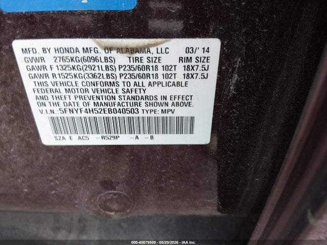 Aukcja sprzedaży 2014 Honda Pilot Ex-l, vin: 5FNYF4H52EB040503, numer aukcji: 45079500