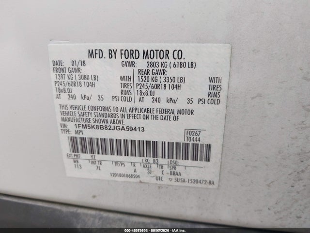 1FM5K8B82JGA59413 Ford Explorer