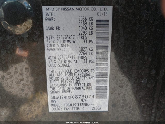 45079504 :رقم المزاد ، 5N1AT2MTXFC873074 vin ، 2015 Nissan Rogue S مزاد بيع