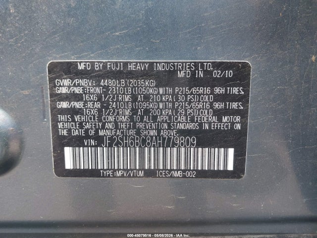 Aukcja sprzedaży 2010 Subaru Forester 2.5x, vin: JF2SH6BC8AH779809, numer aukcji: 45079516