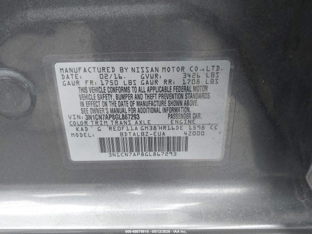 Продажа на аукционе авто 2016 Nissan Versa 1.6 S/1.6 S+/1.6 Sl/1.6 Sv, vin: 3N1CN7AP8GL867293, номер лота: 45079518