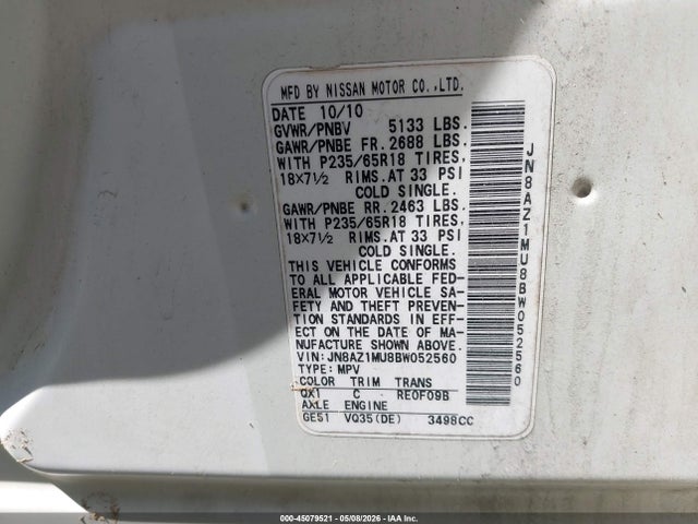 45079521 :رقم المزاد ، JN8AZ1MU8BW052560 vin ، 2011 Nissan Murano Sl مزاد بيع