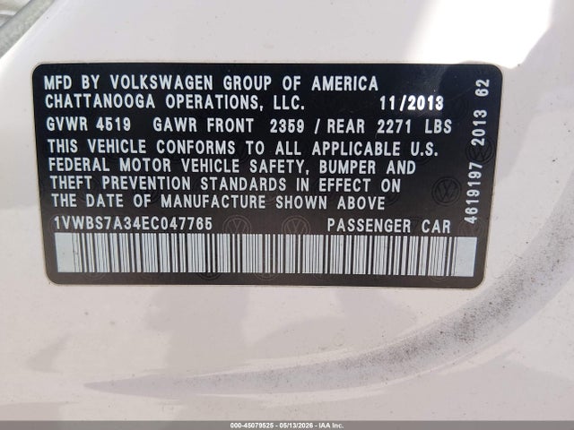 2014 Volkswagen Passat Se მანქანა იყიდება აუქციონზე, vin: 1VWBS7A34ECO47765, აუქციონის ნომერი: 45079525