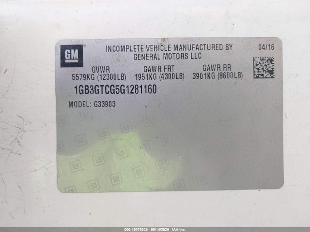 Aukcja sprzedaży 2016 Chevrolet Express Cutaway 3500, vin: 1GB3GTCG5G1281160, numer aukcji: 45079526