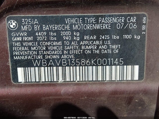 Продажа на аукционе авто 2006 Bmw 325i, vin: WBAVB13586K001145, номер лота: 45079545