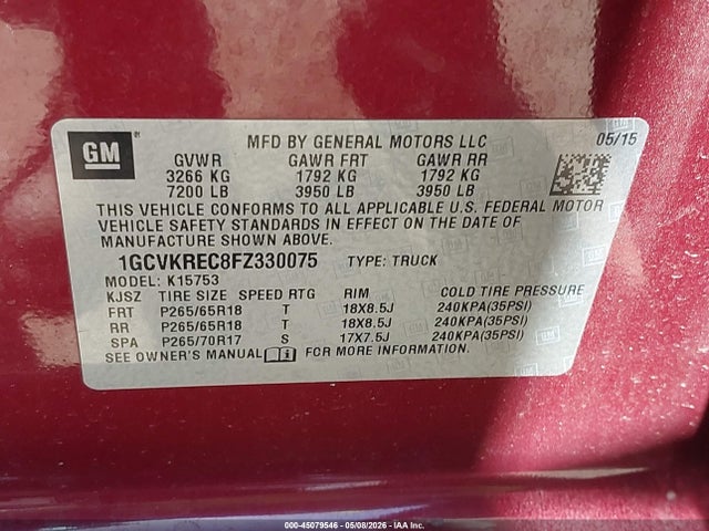 1GCVKREC8FZ330075 Chevrolet Silverado 1500 2lt