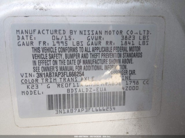Продажа на аукционе авто 2015 Nissan Sentra Sv, vin: 3N1AB7AP3FL666254, номер лота: 45079554