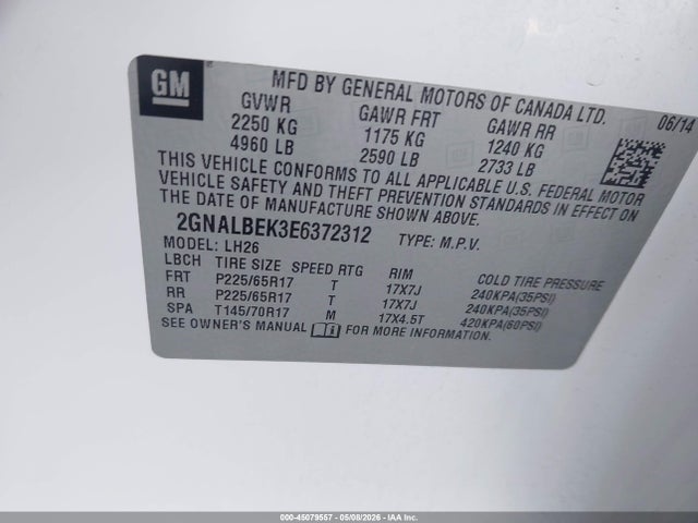 45079557 :رقم المزاد ، 2GNALBEK3E6372312 vin ، 2014 Chevrolet Equinox 1lt مزاد بيع