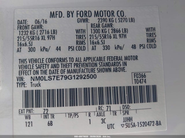 45079559 :رقم المزاد ، NM0LS7E79G1292500 vin ، 2016 Ford Transit Connect Xl مزاد بيع