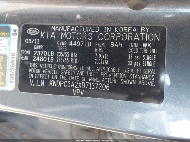 2011 Kia Sportage Ex მანქანა იყიდება აუქციონზე, vin: KNDPC3A2XB7137206, აუქციონის ნომერი: 45079565