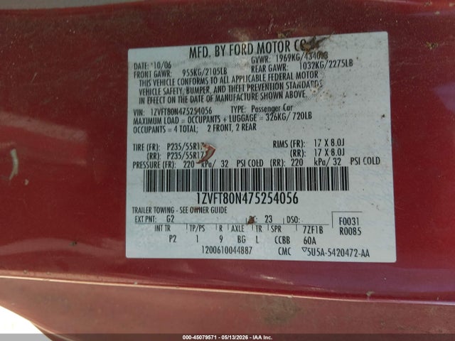 Aukcja sprzedaży 2007 Ford Mustang V6 Deluxe/v6 Premium, vin: 1ZVFT80N475254056, numer aukcji: 45079571
