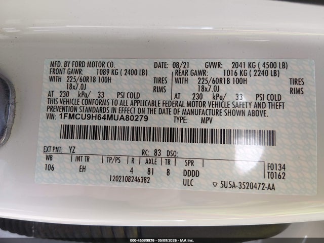 1FMCU9H64MUA80279 Ford ESCAPE SEL