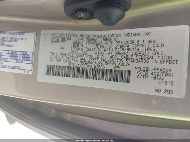 2004 Toyota Sienna Le მანქანა იყიდება აუქციონზე, vin: 5TDZA23C34S187033, აუქციონის ნომერი: 45079579