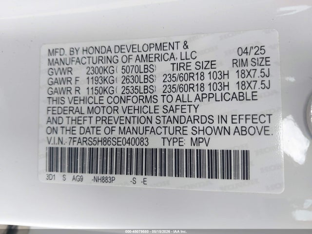 Продажа на аукционе авто 2025 Honda Cr-v Hybrid Sport-l, vin: 7FARS5H86SE040083, номер лота: 45079580