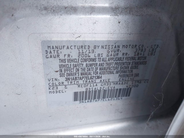 2014 Nissan Sentra Sv მანქანა იყიდება აუქციონზე, vin: 3N1AB7AP7EL621364, აუქციონის ნომერი: 45079584