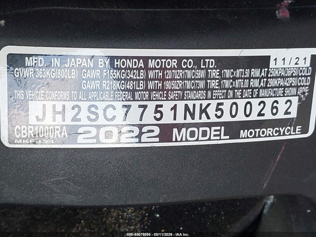 Aukcja sprzedaży 2022 Honda Cbr1000 Ra, vin: JH2SC7751NK500262, numer aukcji: 45079595