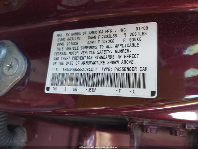 45079597 :رقم المزاد ، 1HGCP26888A064411 vin ، 2008 Honda Accord 2.4 Ex-l مزاد بيع