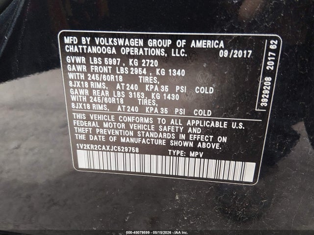 Продажа на аукционе авто 2018 Volkswagen Atlas 3.6l V6 Se, vin: 1V2KR2CAXJC529758, номер лота: 45079599