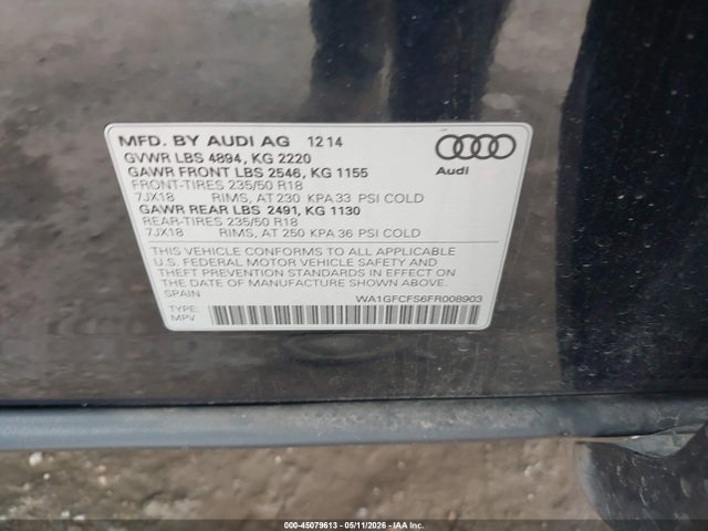 2015 Audi Q3 2.0t Premium Plus მანქანა იყიდება აუქციონზე, vin: WA1GFCFS6FR008903, აუქციონის ნომერი: 45079613