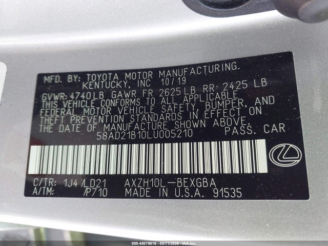 Продажа на аукционе авто 2020 Lexus Es 300h, vin: 58AD21B10LU005210, номер лота: 45079616
