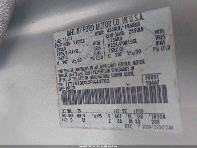 Продажа на аукционе авто 2002 Ford Ranger Xl/xlt, vin: 1FTYR10D32PA44702, номер лота: 45079620