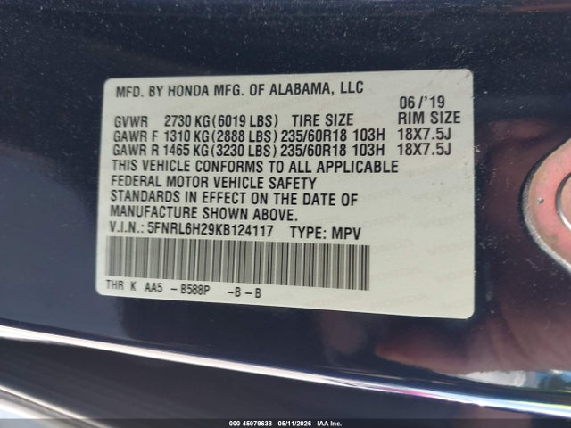 45079638 :رقم المزاد ، 5FNRL6H29KB124117 vin ، 2019 Honda Odyssey Lx مزاد بيع