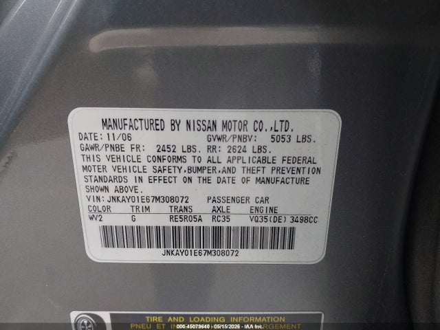 2007 Infiniti M35 მანქანა იყიდება აუქციონზე, vin: JNKAY01E67M308072, აუქციონის ნომერი: 45079640