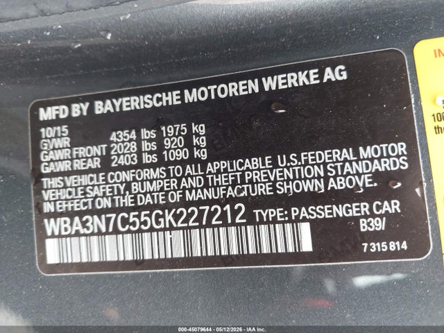 45079644 :رقم المزاد ، WBA3N7C55GK227212 vin ، 2016 Bmw 428i مزاد بيع