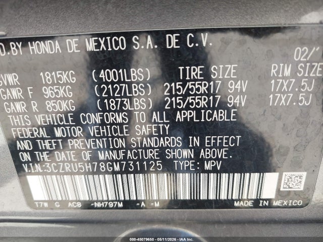 2016 Honda Hr-v Ex-l მანქანა იყიდება აუქციონზე, vin: 3CZRU5H78GM731125, აუქციონის ნომერი: 45079650
