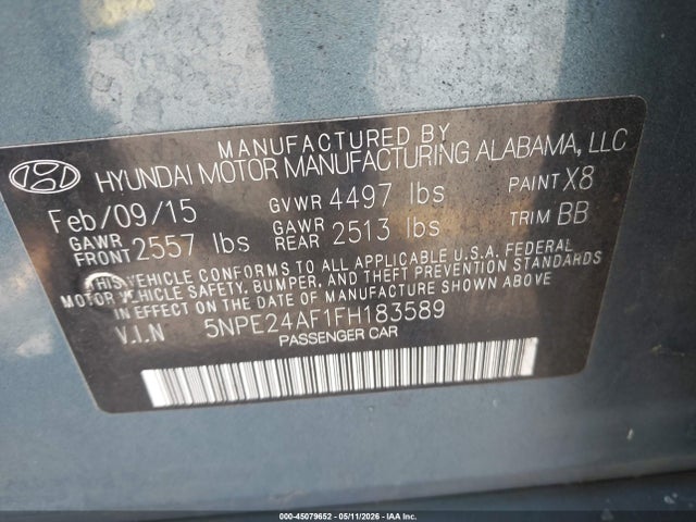 2015 Hyundai Sonata Se მანქანა იყიდება აუქციონზე, vin: 5NPE24AF1FH183589, აუქციონის ნომერი: 45079652
