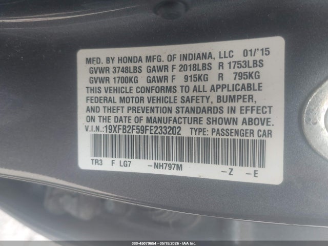 Honda Civic Lx 2015 19XFB2F59FE233202 Image 9