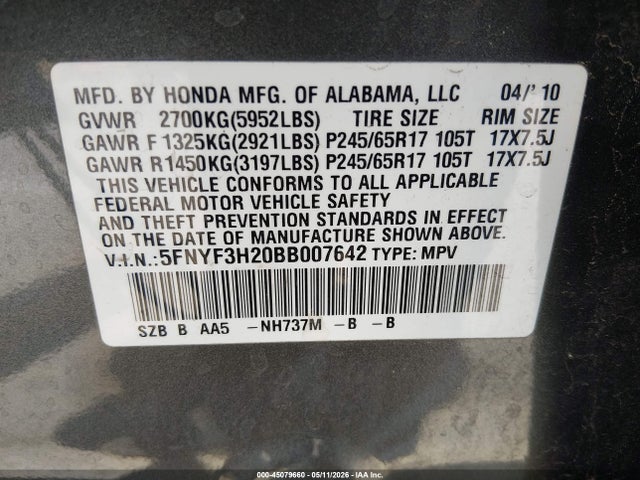 Продаж на аукціоні авто 2011 Honda Pilot Lx, vin: 5FNYF3H20BB007642, номер лоту: 45079660