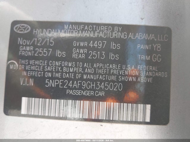 5NPE24AF9GH345020 Hyundai SONATA SE