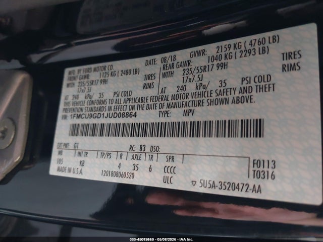 1FMCU9GD1JUD08864 Ford ESCAPE SE