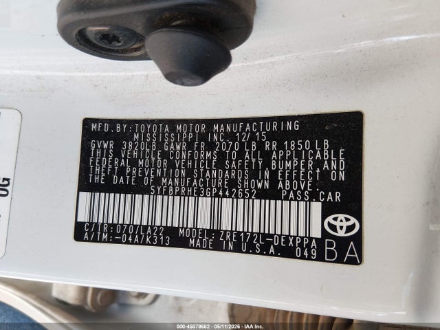 2016 Toyota Corolla Le Eco Premium მანქანა იყიდება აუქციონზე, vin: 5YFBPRHE3GP442652, აუქციონის ნომერი: 45079682