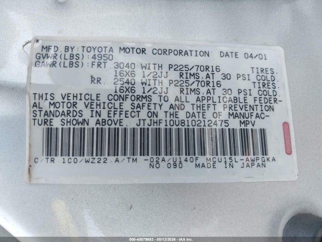 Aukcja sprzedaży 2001 Lexus Rx 300, vin: JTJHF10U810212475, numer aukcji: 45079683