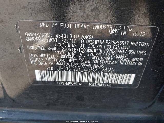 2016 Subaru Crosstrek 2.0i Premium მანქანა იყიდება აუქციონზე, vin: JF2GPABC4G8212422, აუქციონის ნომერი: 45079685