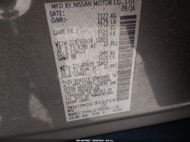 Aukcja sprzedaży 2016 Nissan Rogue Sl, vin: 5N1AT2MV2GC916759, numer aukcji: 45079687