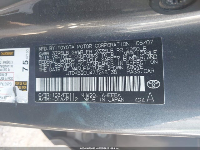 Продаж на аукціоні авто 2007 Toyota Prius, vin: JTDKB20U473268138, номер лоту: 45079689