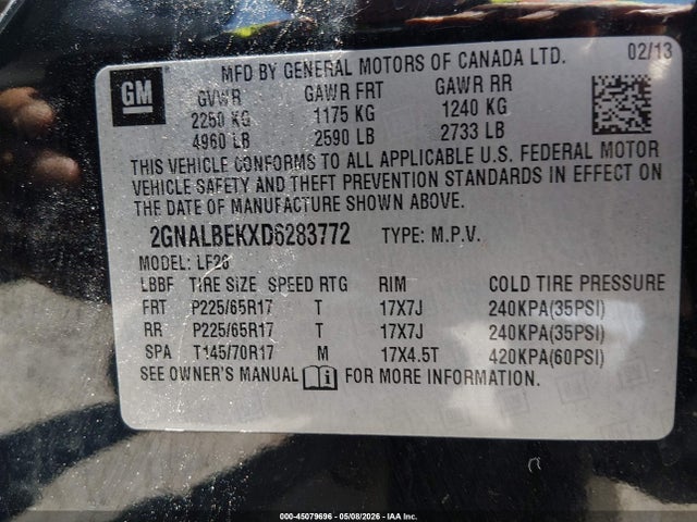 2013 Chevrolet Equinox Ls მანქანა იყიდება აუქციონზე, vin: 2GNALBEKXD6283772, აუქციონის ნომერი: 45079696