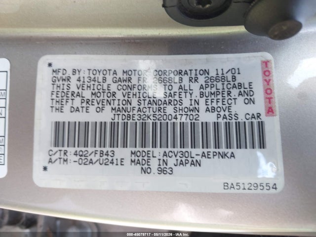 Продаж на аукціоні авто 2002 Toyota Camry Le, vin: JTDBE32K520047702, номер лоту: 45079717