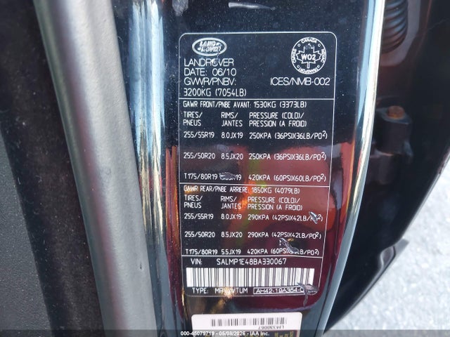 45079719 :رقم المزاد ، SALMP1E48BA330067 vin ، 2011 Land Rover Range Rover Supercharged مزاد بيع